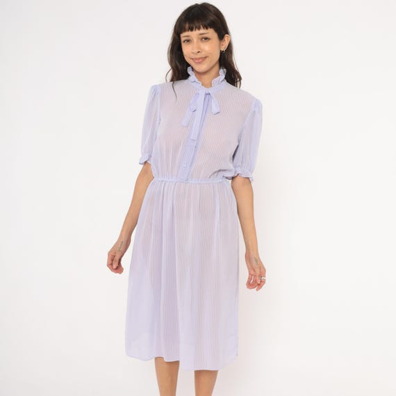 80s Lavender Sheer Stripe Dress Puff Sleeve Bow Tie Neck Ruffle Collar Lilac Feminine Violet Prairie Cottagecore Sundress Vintage Small S