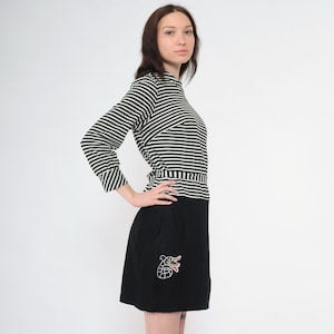 Vintage 60s Striped Mod Dress Embroidered Sandworm Black White Mini 1960s Shift Drop Waist Twiggy Retro Go Go Long Sleeve Halloween Medium M