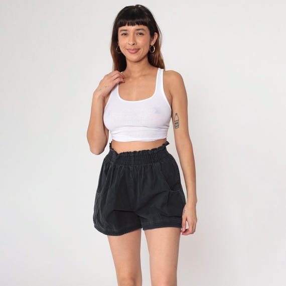 Vintage Black Paper Bag Shorts 80s Cotton Elastic Waist Shorts Ultra High Rise Preppy Retro Lounge Shorts Summer 1980s SMall S