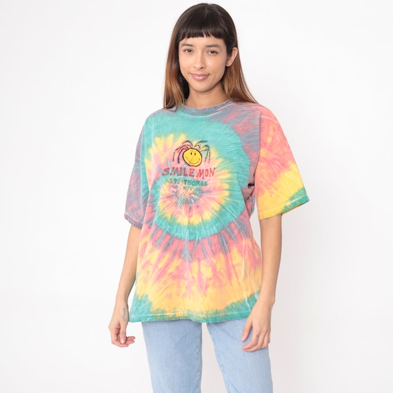 00s St Thomas Shirt Tie Dye Smile Mon Virgin Islands T Shirt Happy Face Rasta TShirt Vintage Graphic Print Rainbow Swirl Y2K Extra Large xl