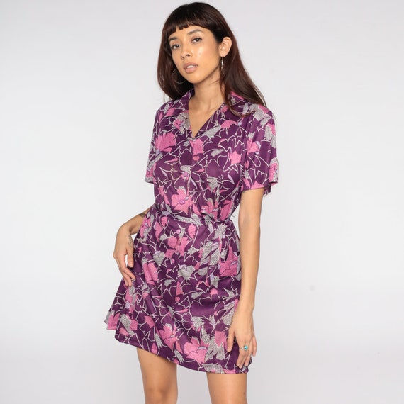 Purple Floral Dress Mod Shift Dress 70s Mini Button Up Hippie 1970s Twiggy Short Sleeve Vintage 60s Extra Small xs