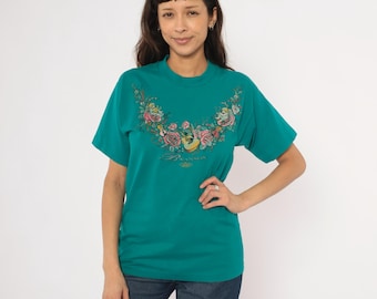 90s Cherub Angel Tee Branson Souvenir Floral Guitar Teal Cotton Music Rose Graphic Tourist Travel Top Aqua Green Vintage Shirt Small S