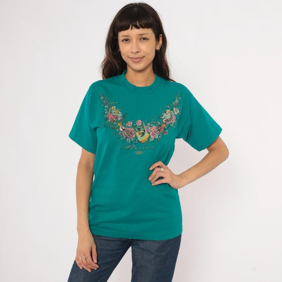 90s Cherub Angel Tee Branson Souvenir Floral Guitar Teal Cotton Music Rose Graphic Tourist Travel Top Aqua Green Vintage Shirt Small S