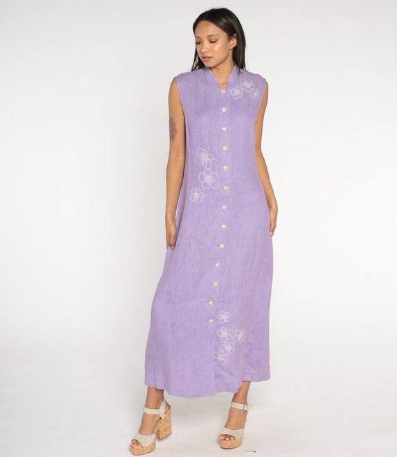 Purple Floral Dress 90s Lavender Embroidered Linen Maxi Dress Boho Button Up Mandarin Collar Asian Dress 1990s Vintage Sleeveless Large