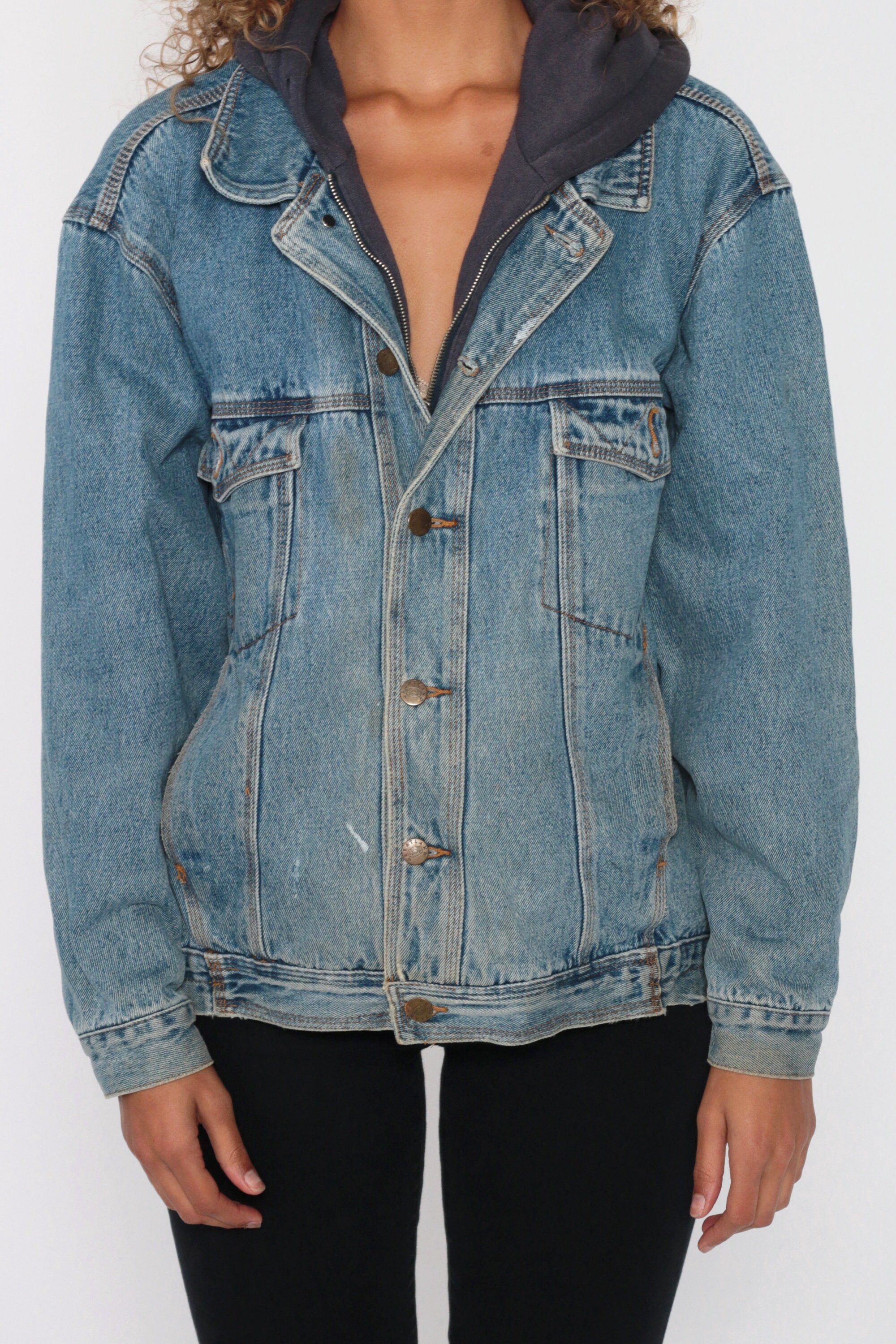 Hooded Jean Jacket 90s Sweatshirt Hood Denim Jacket Grunge Jacket Jean Hoodie Blue Coat Hood