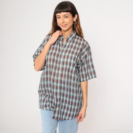 Vintage 90s Thin Plaid Shirt Button Up Shirt Red Blue Green Checkered Print Short Sleeve Top Chest Pocket Collared Preppy 1990s Large L