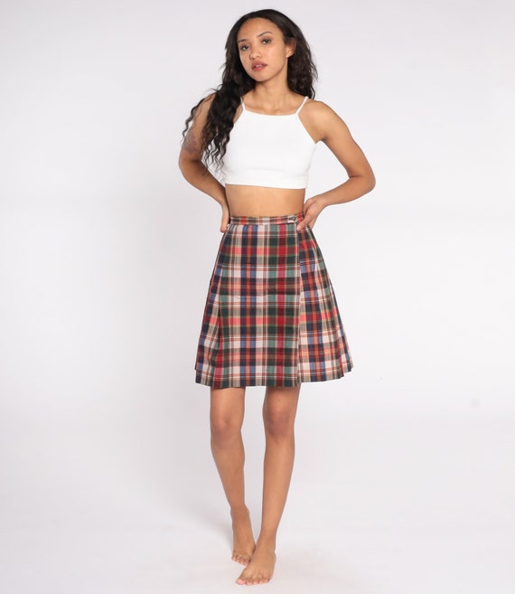 Plaid Mini Skirt Red Green White Blue 60s Tartan Skirt School Girl PLEATED High Waist Preppy Checkered Retro Lolita 70s Extra Small xs 0