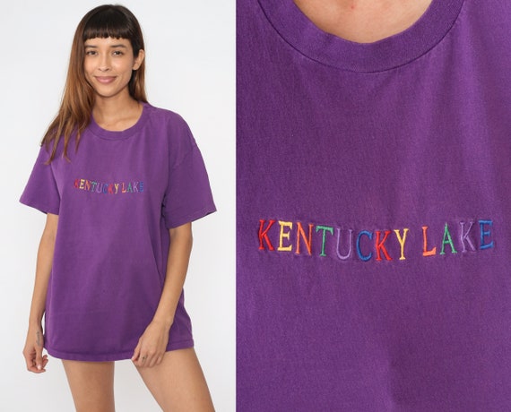 90s Kentucky Lake T Shirt Purple Rainbow Embroidered Tee Tennessee River Graphic Cotton Tshirt Tourist Tee Extra Large XL