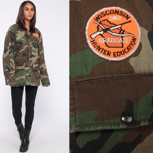 Camo Hunting Jacket Wisconsin Hunter Patch Military Jacket Commando Grunge Coat Camo Army Field Oversized Vintage Camouflage Medium Large