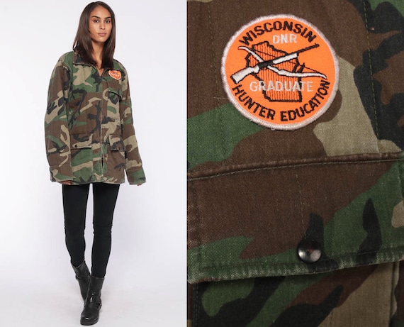 Camo Hunting Jacket Wisconsin Hunter Patch Military Jacket Commando Grunge Coat Camo Army Field Oversized Vintage Camouflage Medium Large