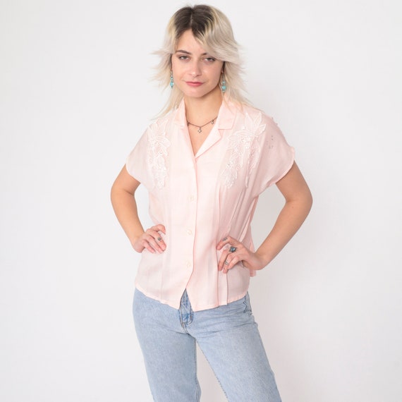 Baby Pink Blouse 80s Lace Applique Studded Button Up Shirt Short Sleeve Top Pleated Retro Formal Vintage 1980s Party Collared Medium