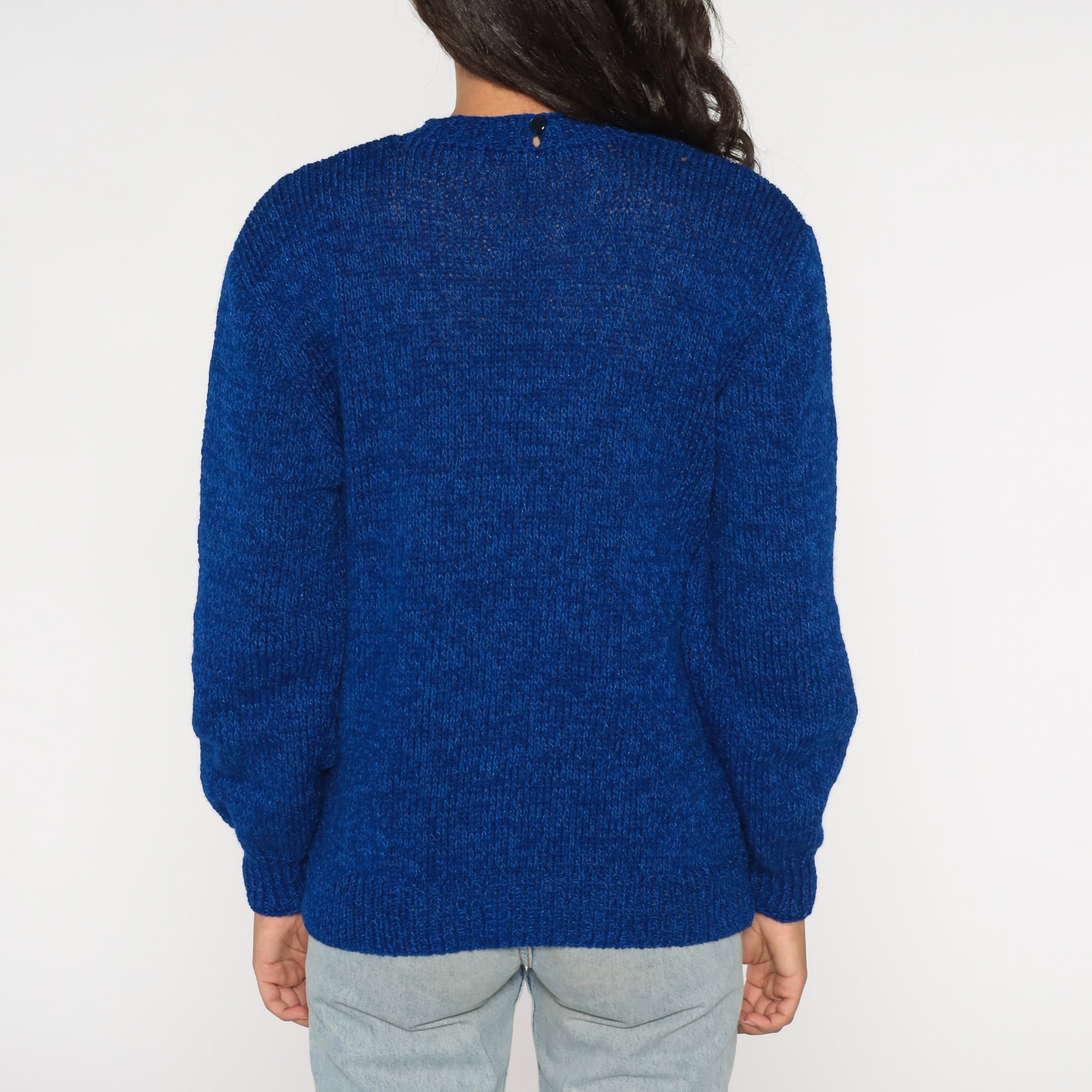 Blue Knit Sweater 80s Crewneck Pullover Flecked Sweater Retro Basic ...