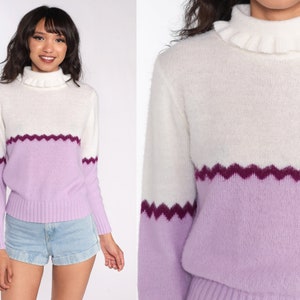 Purple Striped Sweater 70s Sweater Knit Pullover Mock Neck Sweater Lavender 80s Bohemian Hippie Vintage Small image 1