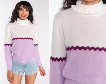 Purple Striped Sweater 70s Sweater Knit Pullover Mock Neck Sweater Lavender 80s Bohemian Hippie Vintage Small