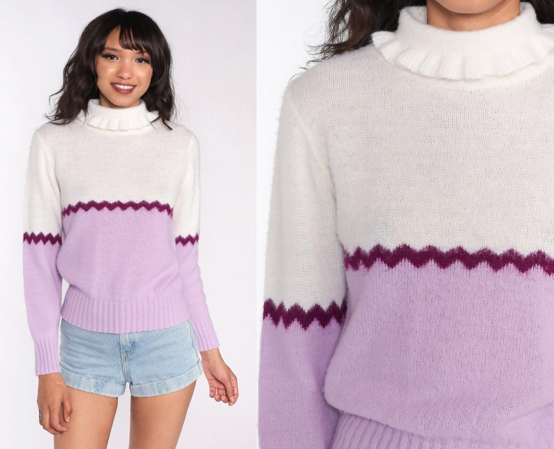 Purple Striped Sweater 70s Sweater Knit Pullover Mock Neck Sweater Lavender 80s Bohemian Hippie Vintage Small image 1