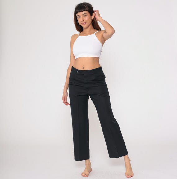 70s Black Wide Leg Pants High Waisted Cropped Ankle Length Button Closure Straight Leg Trousers Vintage Work Office Professional Medium M