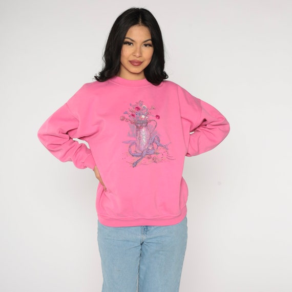 Flower Pot Sweatshirt 90s Hot Pink Floral Sweatsh… - image 3