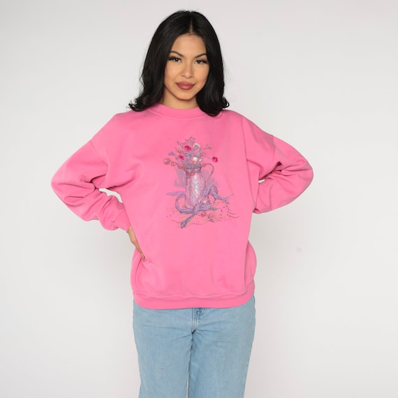 Flower Pot Sweatshirt 90s Hot Pink Floral Sweatshirt Country Jumper Boho Graphic Sweater Pullover Girly Kawaii Retro Vintage 1990s Large L