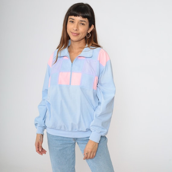 Vintage 80s Quarter Zip Shirt Pastel Colorblock Pullover Light Blue Pink Lilac Knit Patchwork Lightweight Cotton 1980s Top Medium Large
