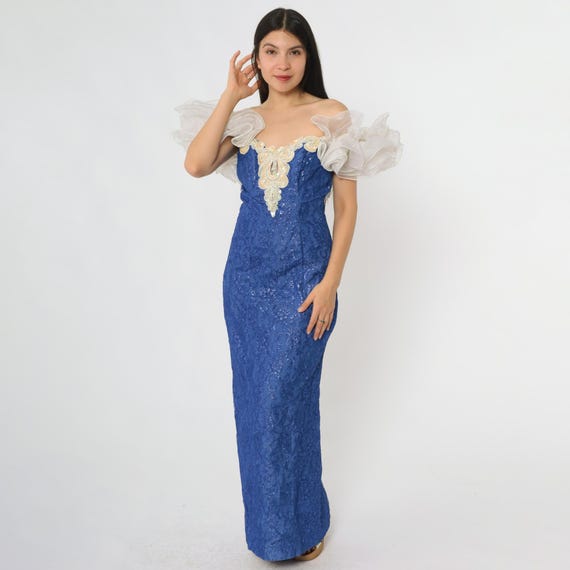Royal Blue Gown 80s Prom Lace Dress Off Shoulder Beaded Applique Strapless Formal Evening Gown Cocktail Party Elegant Small S 10
