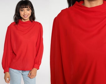 Schiere Rote Bluse 80er Jahre Top Party Vintage 1980er Jahre Langes Puffärmel Hemd Sekretärin Bluse groß L