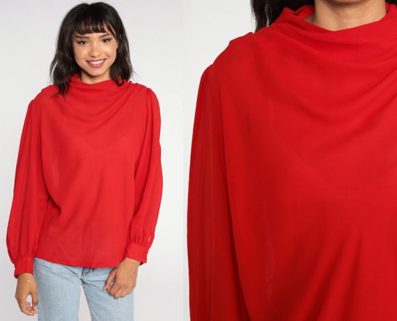 Sheer Red Blouse 80s Cowl Neck Top Party Vintage 1980s Long Puff Sleeve Shirt Hipster Secretary Formal Shirt Large L