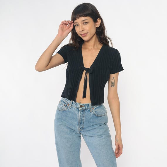 Black Crop Top 90s Tie Front Cotton Knit Plunging V Neck Coquette Bow Short Sleeve Fitted Bodycon Vintage Grunge Goth Club Going Out Small S
