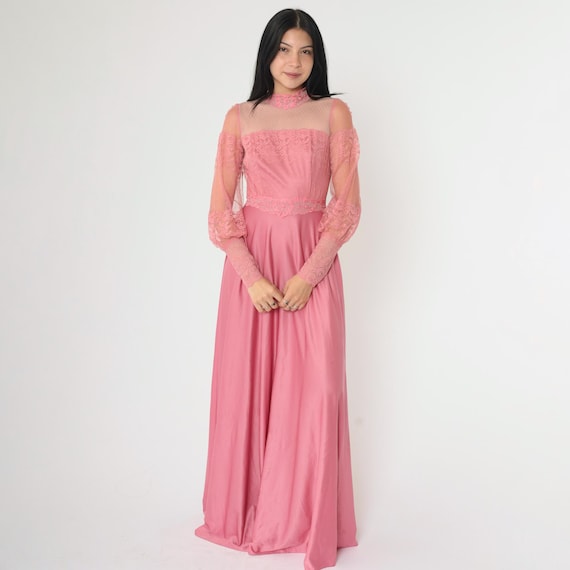 Vintage 70s Pink Victorian Dress Maxi Lace Party Dress Boho High Waist Grecian Evening Gown Sheer Long Sleeve Romantic Formal Small 4