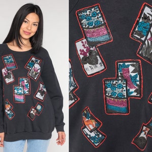 Glitter floral moletom 90s brilhante flor impressão camisola retro asiático cartão postal lua cheia camisa gráfica preto vintage 1990s extra grande xl