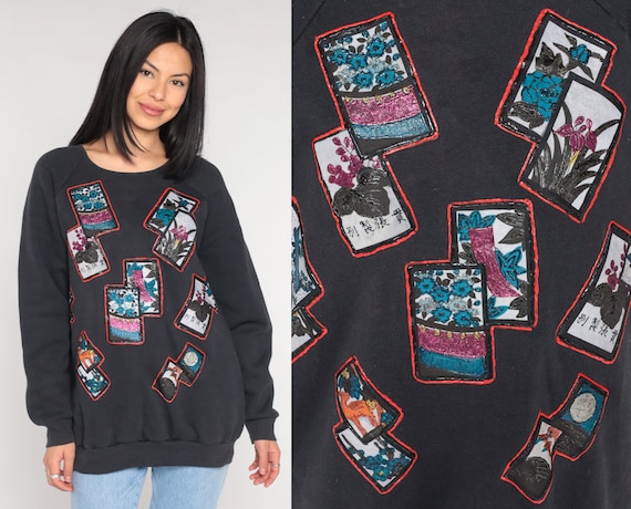 Glitter Floral Sweatshirt 90s Sparkly Flower Print Sweater Retro Asian Postcard Full Moon Graphic Shirt Black Vintage 1990s Extra Large xl