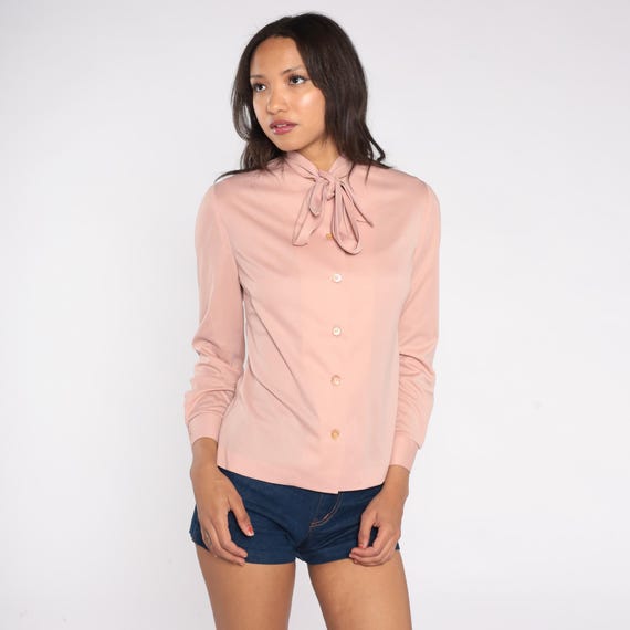 Blush Pink Blouse 70s Pussy Bow Neck Tie Office Wear Secretary Shirt Professional Long Sleeve Work Top Formal Business Wear Small S Size 6