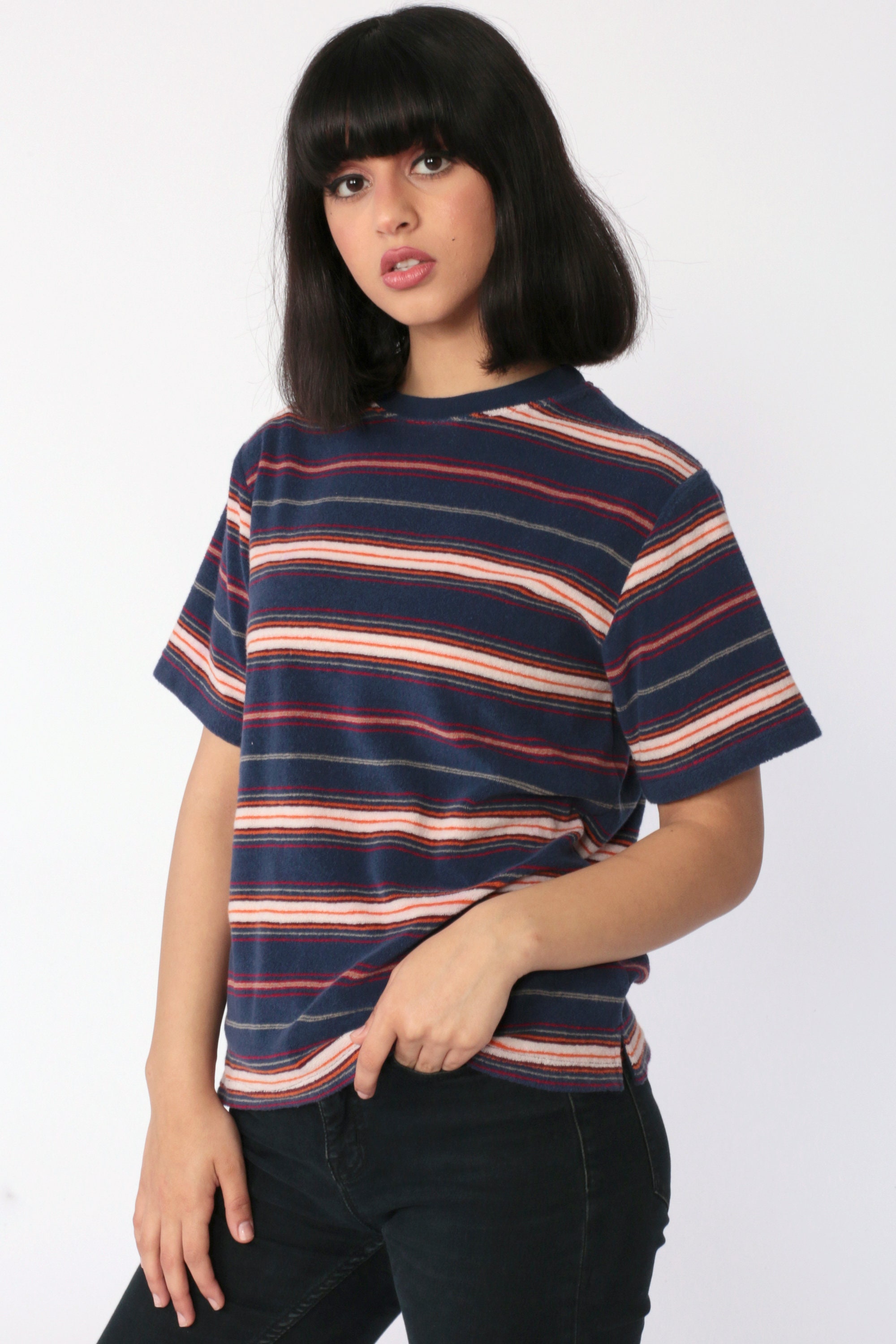 Striped Terry Cloth Shirt 90s Ringer Tee Route 66 Striped T Shirt Retro ...