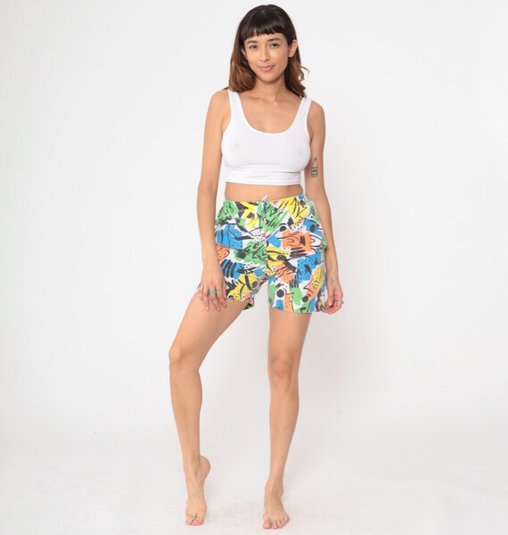 Abstract Print Shorts 90s High Waisted Wide Leg Colorful Art Print Baggy Boho Grunge Elastic Waist Cotton Polyester Vintage 1990s Small S