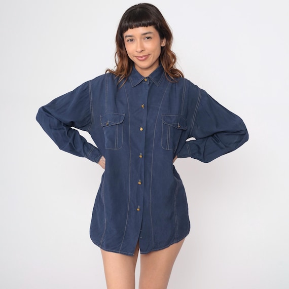 Y2K Silk Shirt Western Navy Blue Express Button Front Long Sleeve Collared Chest Pockets Relaxed Fit Dark Blue Professional Vintage Medium M