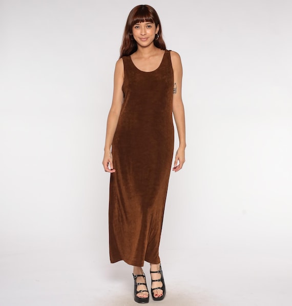 Column Maxi Dress 90s Brown Sleeveless Tank Minimalist Chocolate Brown Straight Silhouette Scoop Neck Simple Elegant Design Large L 12