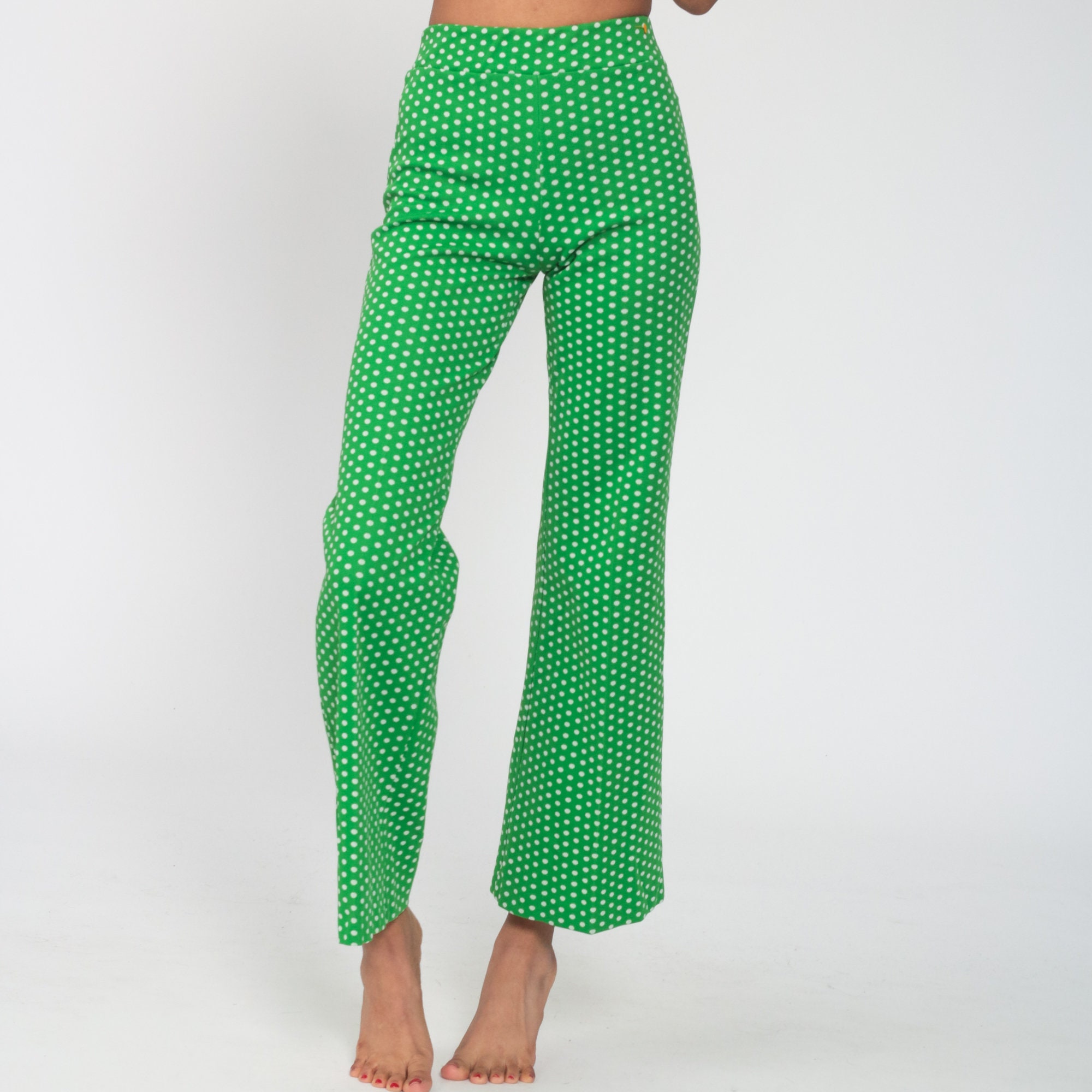 Polka Dot Bell Bottom Pants Green Polyester Trousers Hippie 70s High Waisted Pants Boho Flared