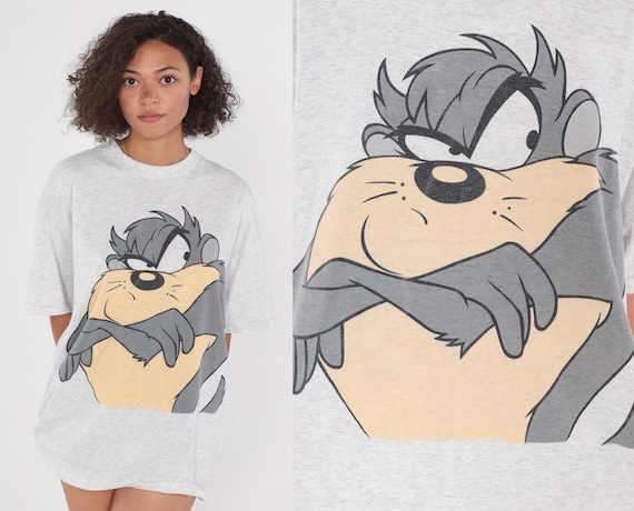 90s Taz T-Shirt Looney Tunes Shirt Tasmanian Devil Graphic Tee Retro Cartoon Tshirt Warner Bros Single Stitch Grey Vintage 1990s XL