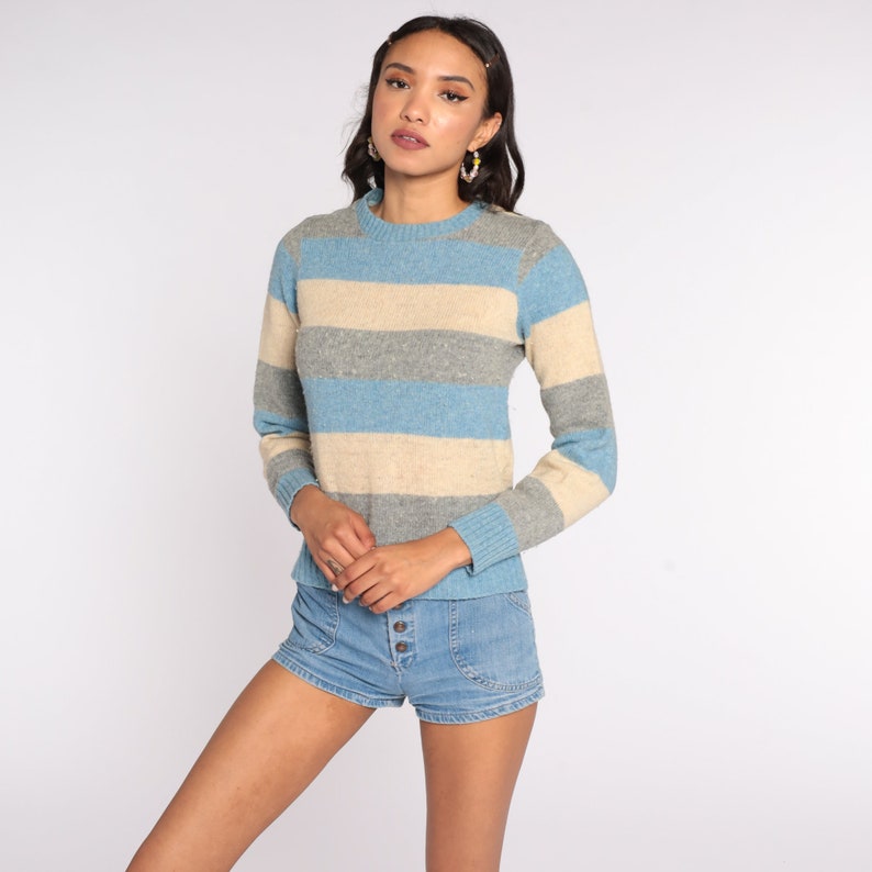 Wool Striped Sweater 80s Knit Tan Grey Blue Sweater Slouch 1980s Jumper Vintage Pullover Retro Small S image 2