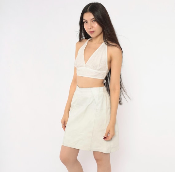 80s White Leather Mini Skirt Genuine Hide A-Line Ivory Paneled Seam Detail Cream Off White Pencil High Waist Vintage Womens Small S