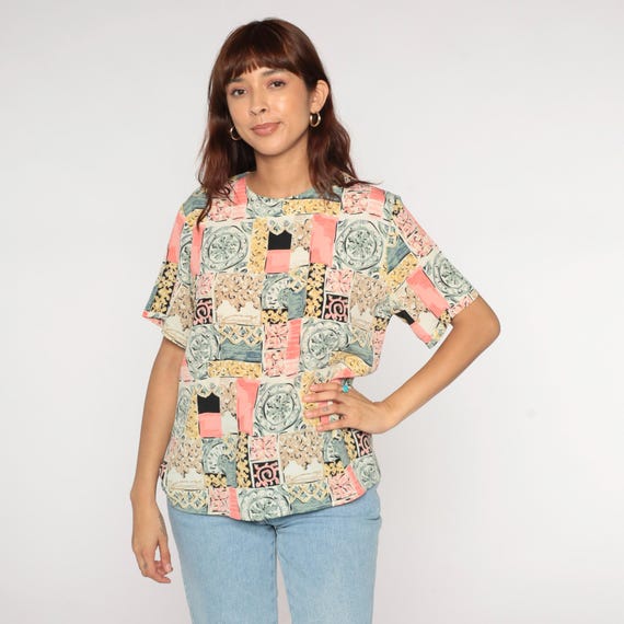 90s Patchwork Blouse Geometric Tile Print Pink Ye… - image 4