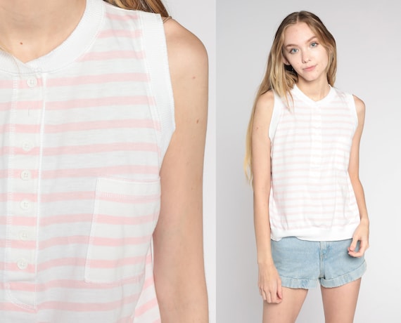 Striped Tank Top 80s Pink White Shirt Retro Button Up Sleeveless Blouse Pastel Simple Basic Henley Tank Streetwear Vintage 1980s Small S