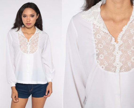 White Victorian Blouse 70s Boho Shirt Sheer Lace … - image 1