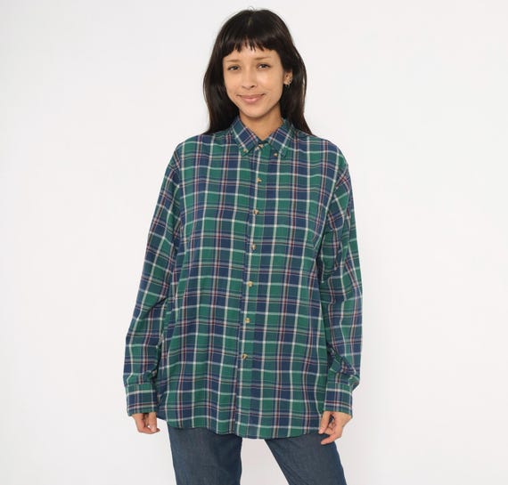 80s Plaid Flannel Shirt Green Navy Button Down Preppy Collegiate Academic Tartan Check McGregor Relaxed Fit Unisex Vintage Top Large L