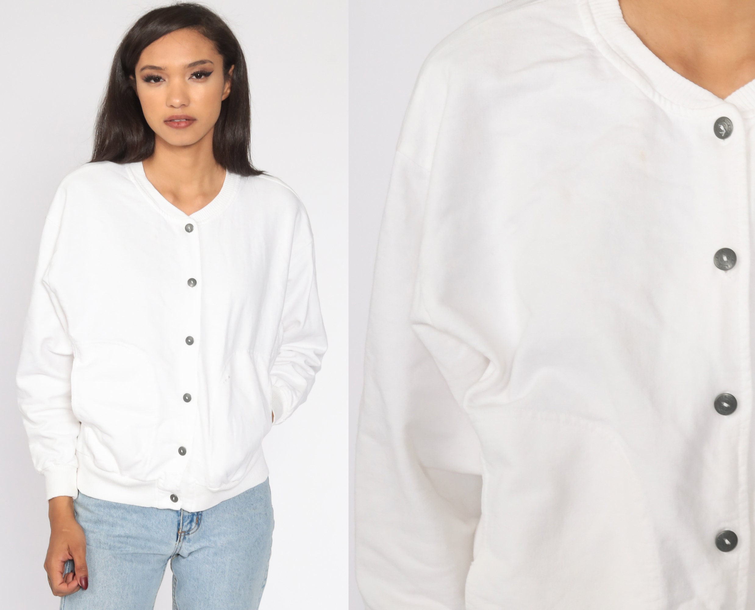 White Cardigan Sweatshirt 80s Sweater 
