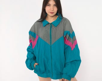 90s Chevron Windbreaker Teal Blue Jacket Color Block Pink Gray Collar Long Sleeve Sporty Track Bomber Coat Pacific Sports Vintage Large L