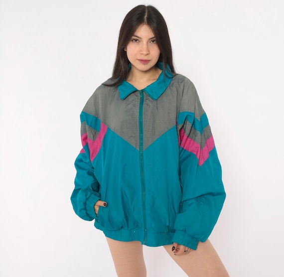 90s Chevron Windbreaker Teal Blue Jacket Color Block Pink Gray Collar Long Sleeve Sporty Track Bomber Coat Pacific Sports Vintage Large L