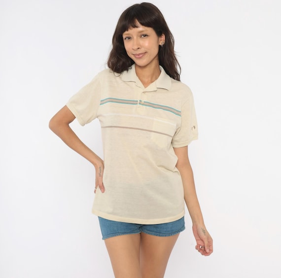 80s Hang Ten Polo Cream Striped Top Teal Taupe Stripe Short Sleeve Collar Shirt Off White Cotton Preppy Collegiate Surf Beach Medium M