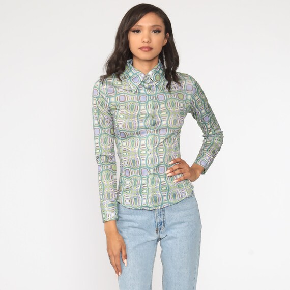 Geometric Shirt 90s Psychedelic Disco Top Bohemian Shirt Op Art 1990s Hippie Green Blue Long Sleeve Button Up Boho Retro Small 4