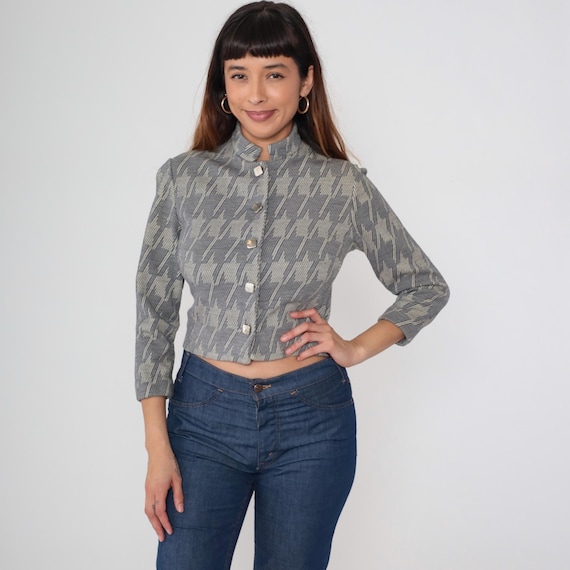 Gray Cropped Jacket 1960s Houndstooth Button Front Cropped Stand Collar Vintage Mod Geometric That Girl Minimalist Professional Small S