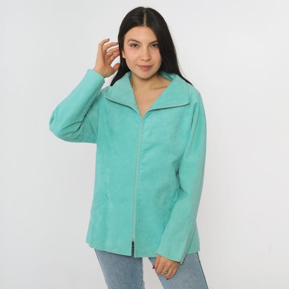 Vintage Aqua Faux Suede Jacket 80s Ultrasuede Jacket Bohemian Zip Up Jacket 1980s Boho Hippie Coat Hipster Long Sleeve Vegan Small